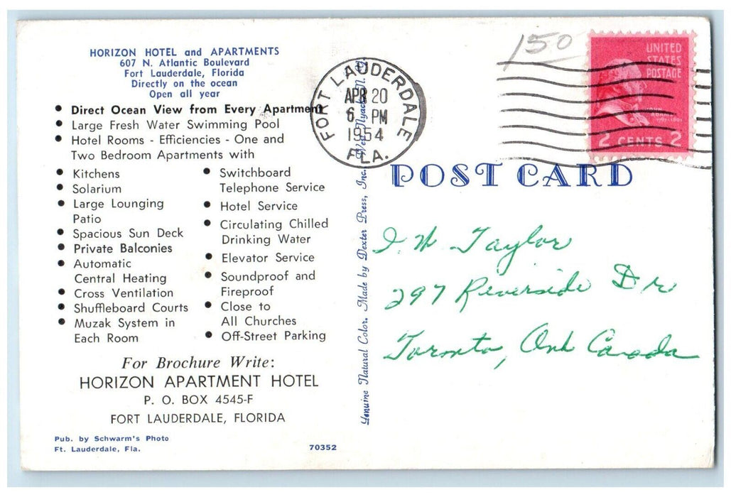 1954 Horizon Hotel And Apartments Pool Fort Lauderdale Florida FL Postcard