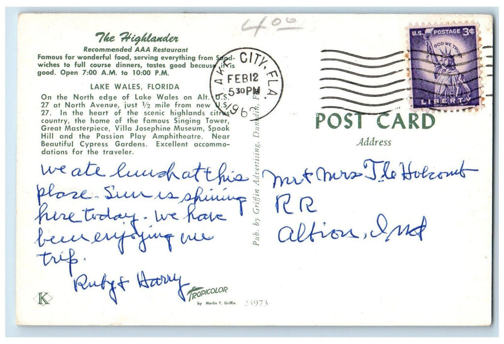 c1960's The Highlander Restaurant Lake Wales Lake City Florida FL Postcard