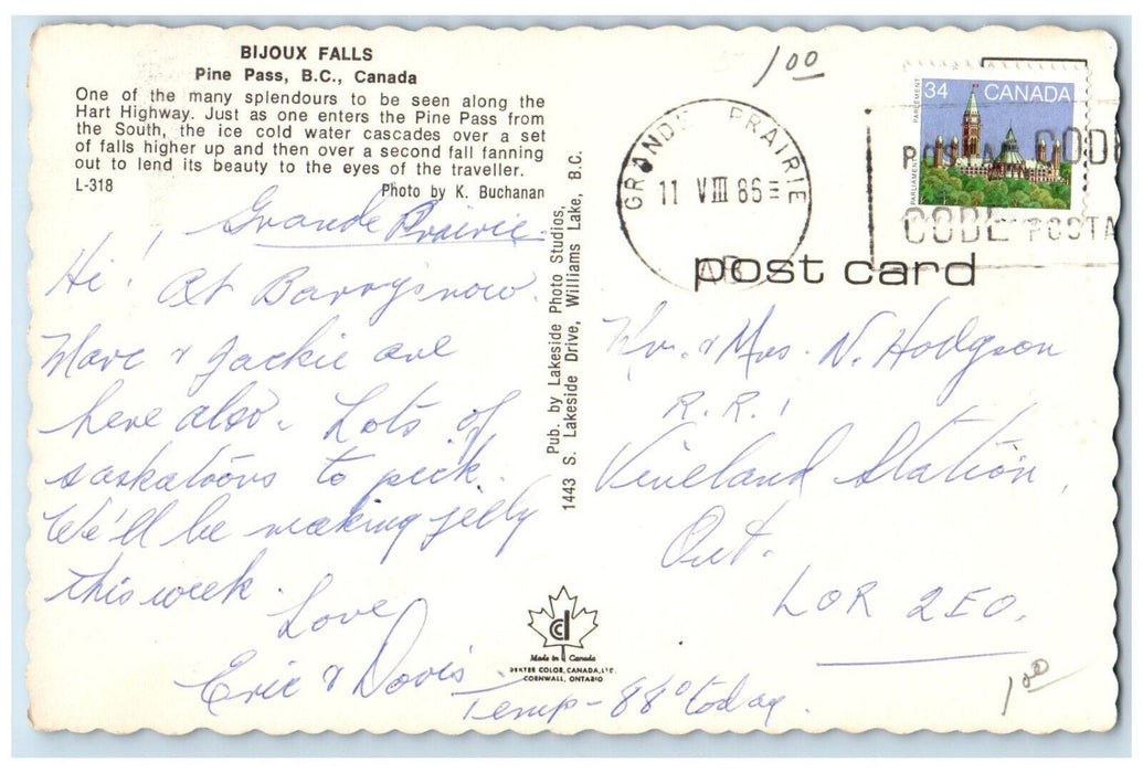 c1960's Bijoux Falls Pine Pass British Columbia Canada Vintage Posted Postcard