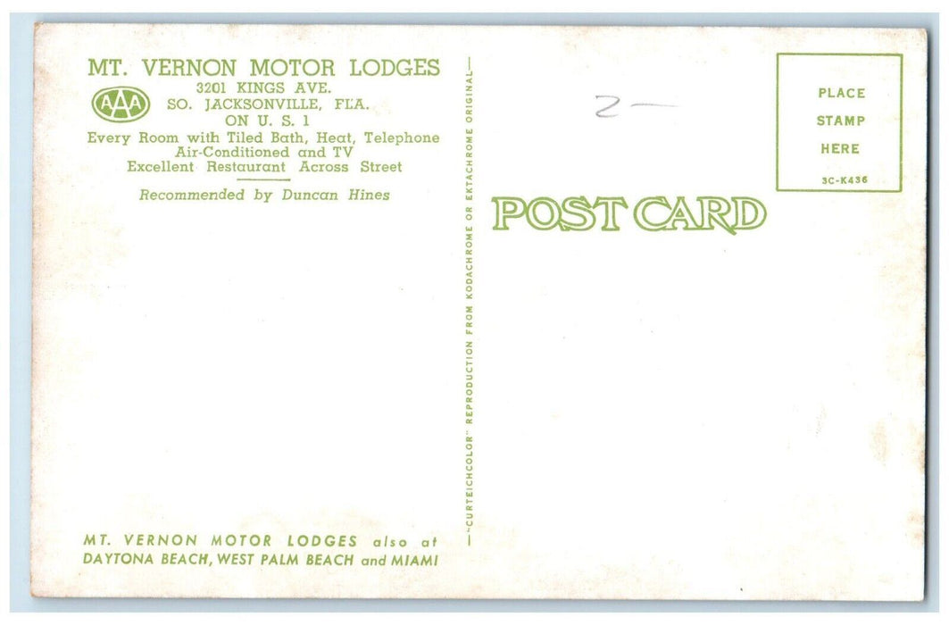 Mount Vernon Motor Lodge Motel Roadside South Jacksonville Florida FL Postcard