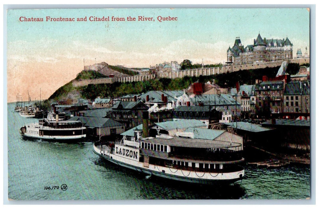 1911 Chateau Frontenac and Citadel from the River Quebec Canada Postcard