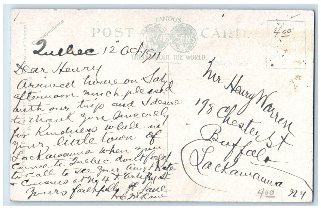 1911 Chateau Frontenac and Citadel from the River Quebec Canada Postcard