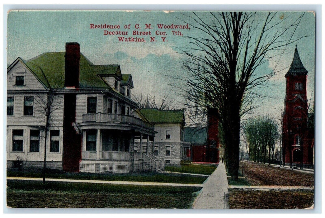 1913 Residence Of C. M. Woodward Decatur Street Watkins New York NY Postcard