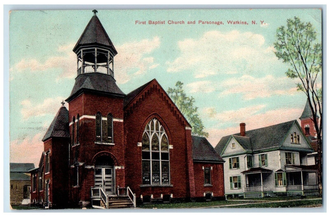 1910 First Baptist Church And Parsonage Watkins New York NY Antique Postcard