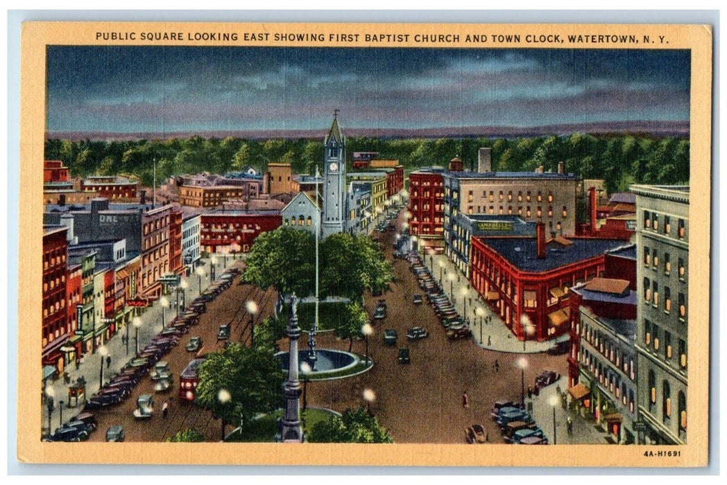 Public Square Looking East First Baptist Church Town Clock Watertown NY Postcard