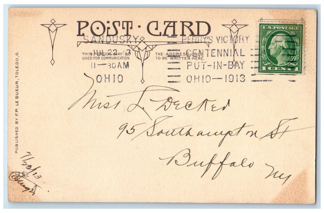 1913 Schooner Perry Memorial Put-In-Bay Ohio OH Centennial Stamp Postcard