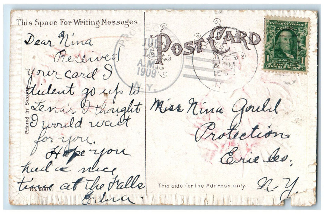1909 Greeting from Chaffee NY Protection NY Flowers Embossed Postcard