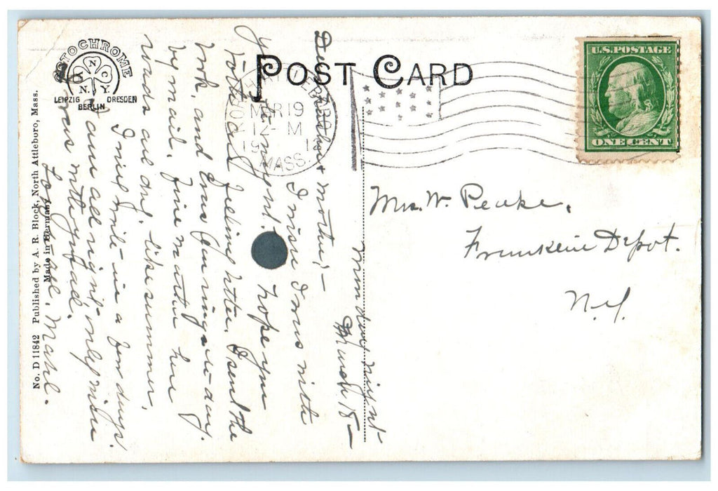 1912 Lightning Splitter near North Attleboro Massachusetts MA Posted Postcard