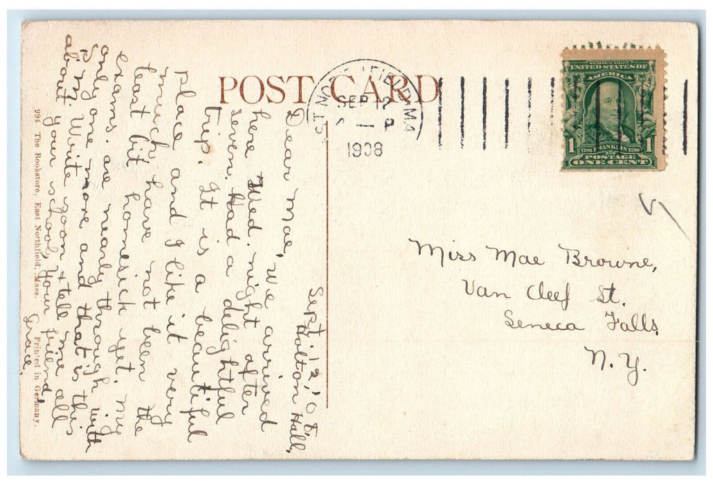 1908 Home Science Hall East Northfield Massachusetts MA Antique Posted Postcard
