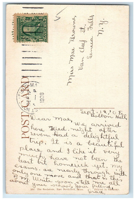 1908 Home Science Hall East Northfield Massachusetts MA Antique Posted Postcard