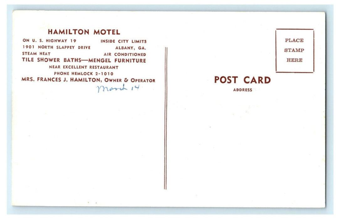 c1901 Hamilton Motel North Slappey Drive Albany Georgia GA Antique Postcard