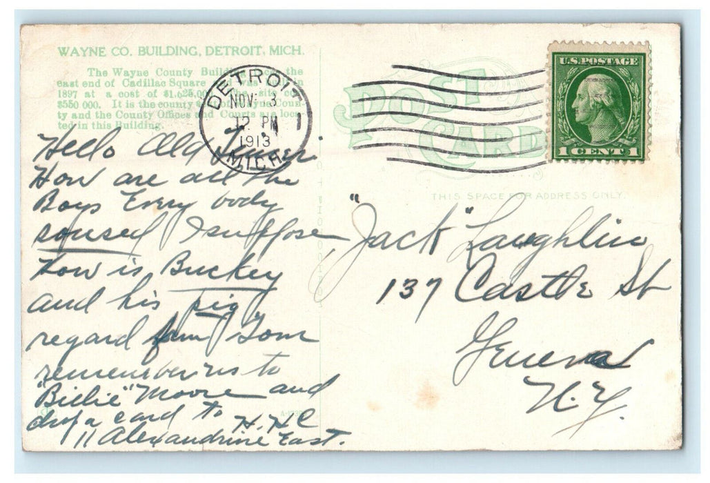 1913 Wayne County Building, Detroit Michigan MI Posted Antique Postcard