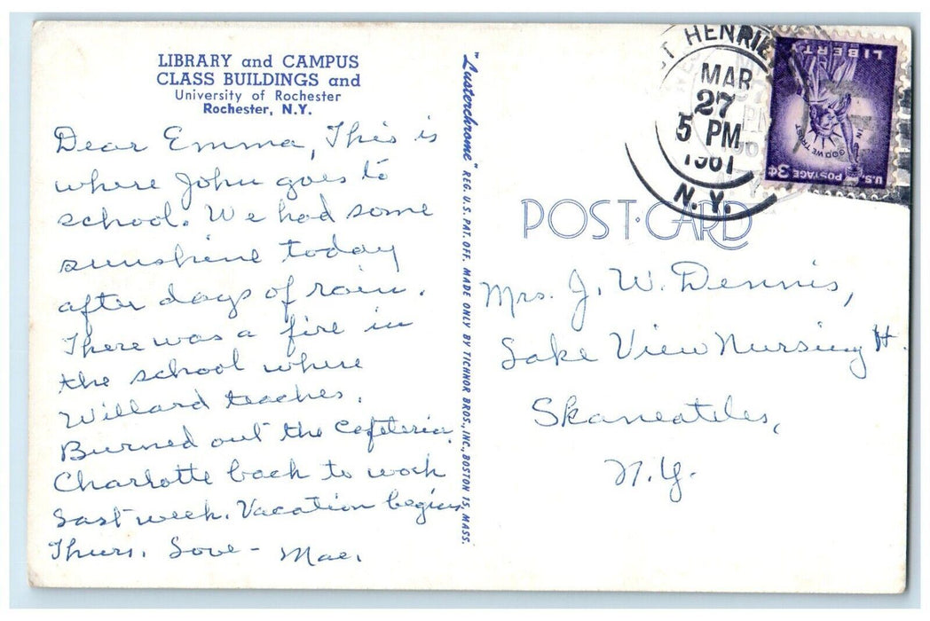 1961 Library And Campus Class Buildings University Of Rochester NY Postcard