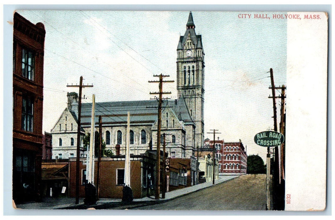 c1905 Railroad Crossing City Hall Holyoke Massachusetts MA Unposted Postcard