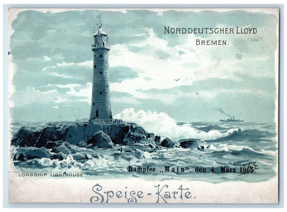 c1905 Longship Lighthouse Dampfer Main Den Marz Steamer Ship England Postcard