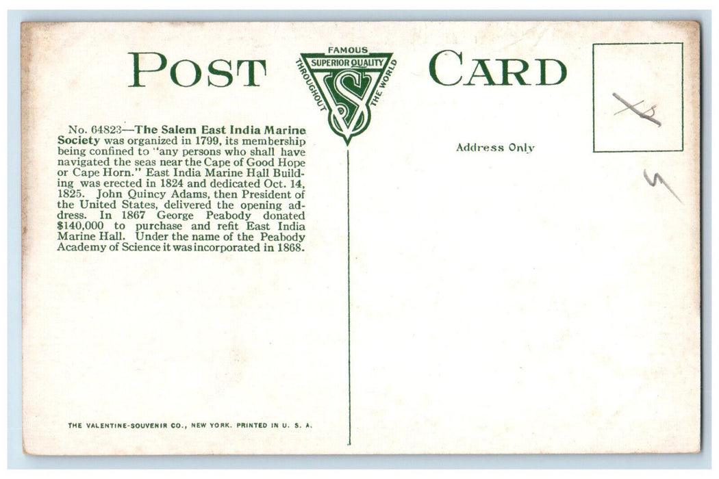 c1910 East India Marine Hall Peabody Museum Salem Massachusetts MA Postcard