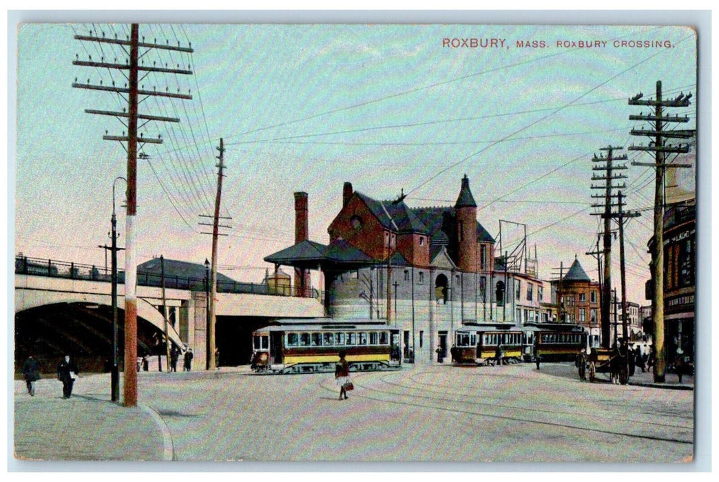 c1910 Roxbury Crossing Trolley Car Roxbury Massachusetts MA Antique Postcard