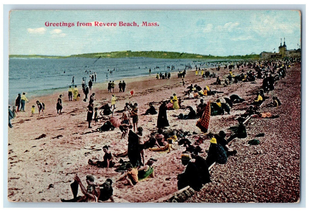 c1910 Crowd Scene Greetings from Revere Beach Massachusetts MA Antique Postcard