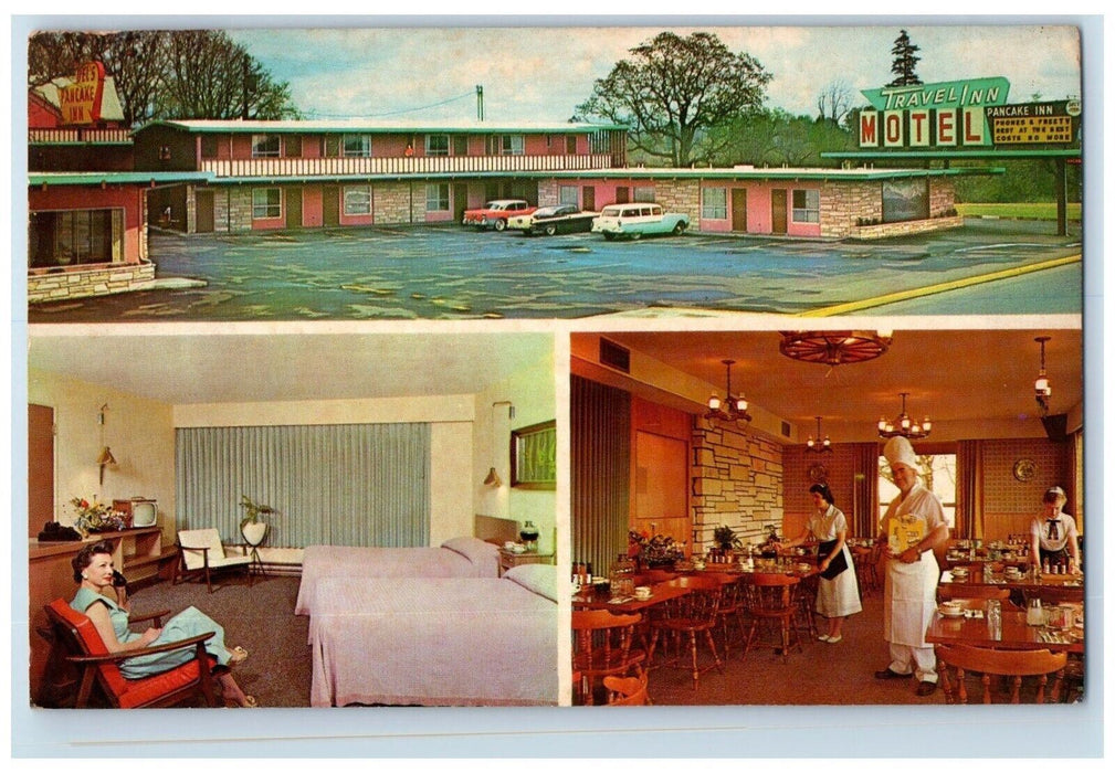 1964 Travel Inn Motel Restaurant Franklin Blvd Multiview Eugene Oregon Postcard
