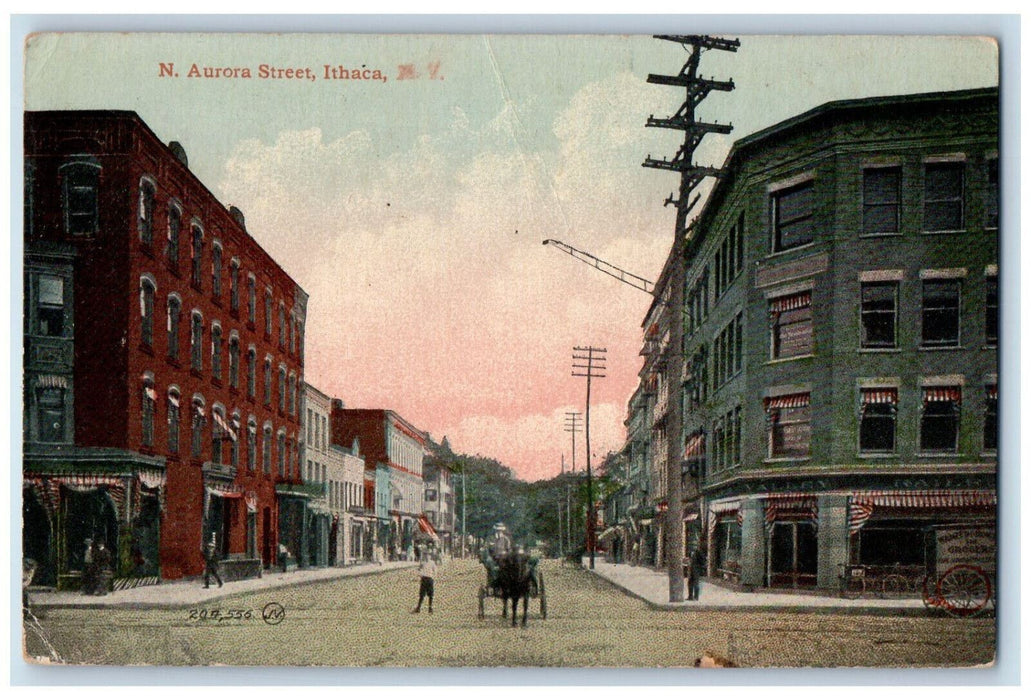 c1910 Horse Carriage North Aurora Street Ithaca New York NY Antique Postcard