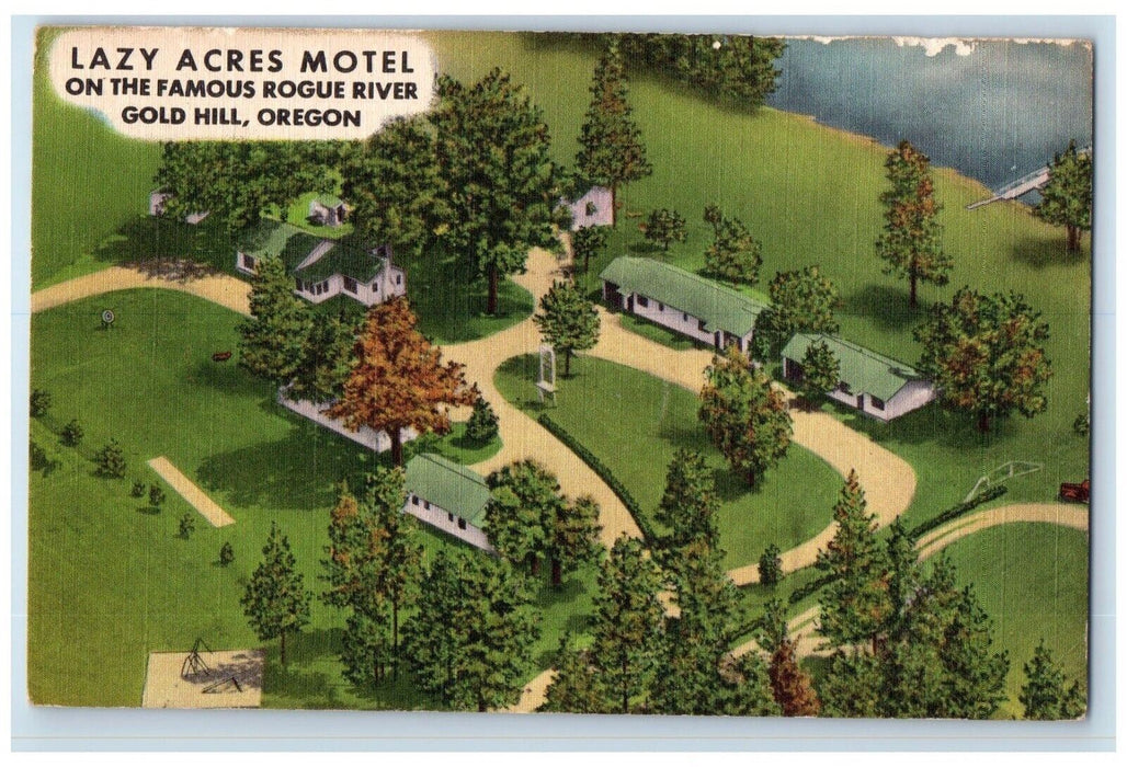 1954 Aerial View Lazy Acres Motel Resort Rogue River Gold Hill Oregon Postcard