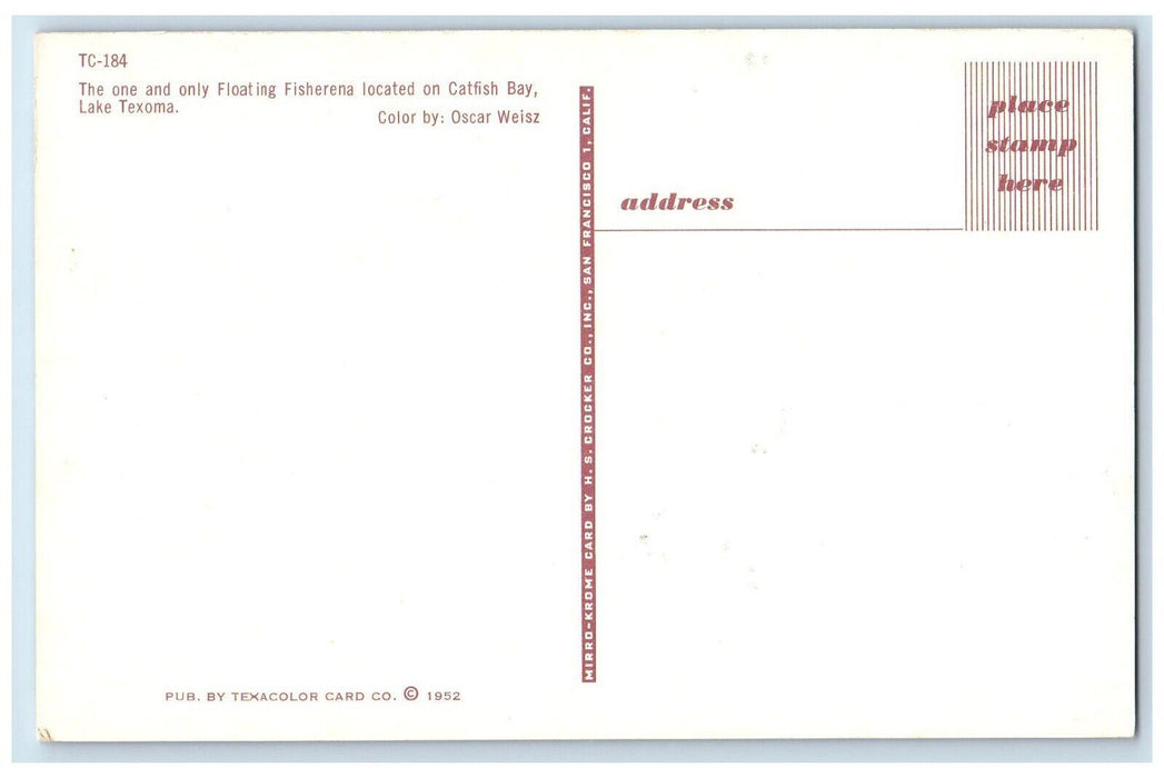 c1960 Floating Fisherena Catfish Bay Exterior Lake Texoma Oklahoma OK Postcard