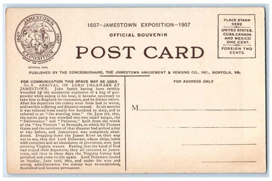 Jamestown Exposition Arrival Of Lord Delaware At Jamestown Norfolk VA Postcard