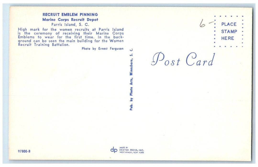 c1960 Recruit Emblem Pinning Marine Corps Depot Parris South Carolina Postcard