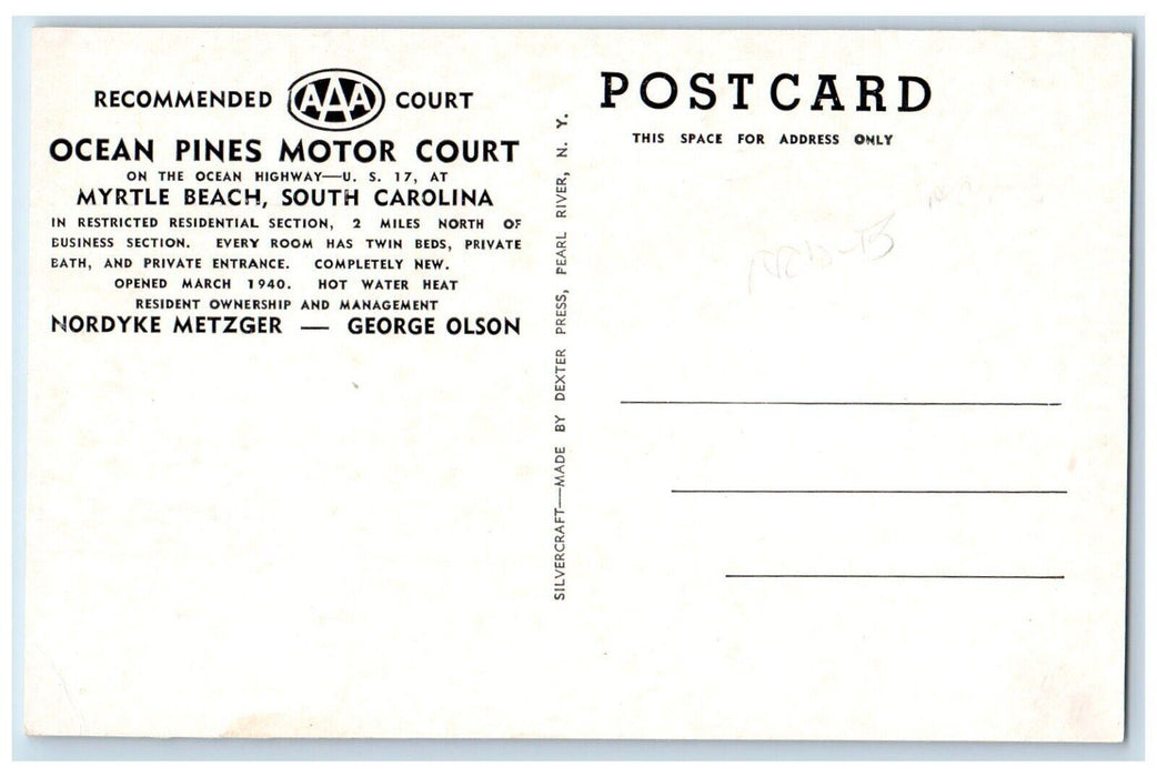 c1940 Ocean Pines Motor Court Exterior Myrtle Beach South Carolina SC Postcard
