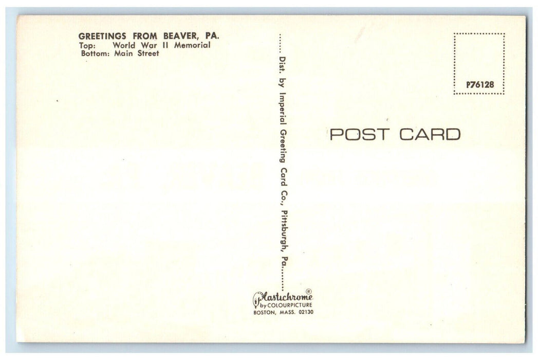 c1960 Greetings From Beaver World War II Memorial Main Pennsylvania PA Postcard