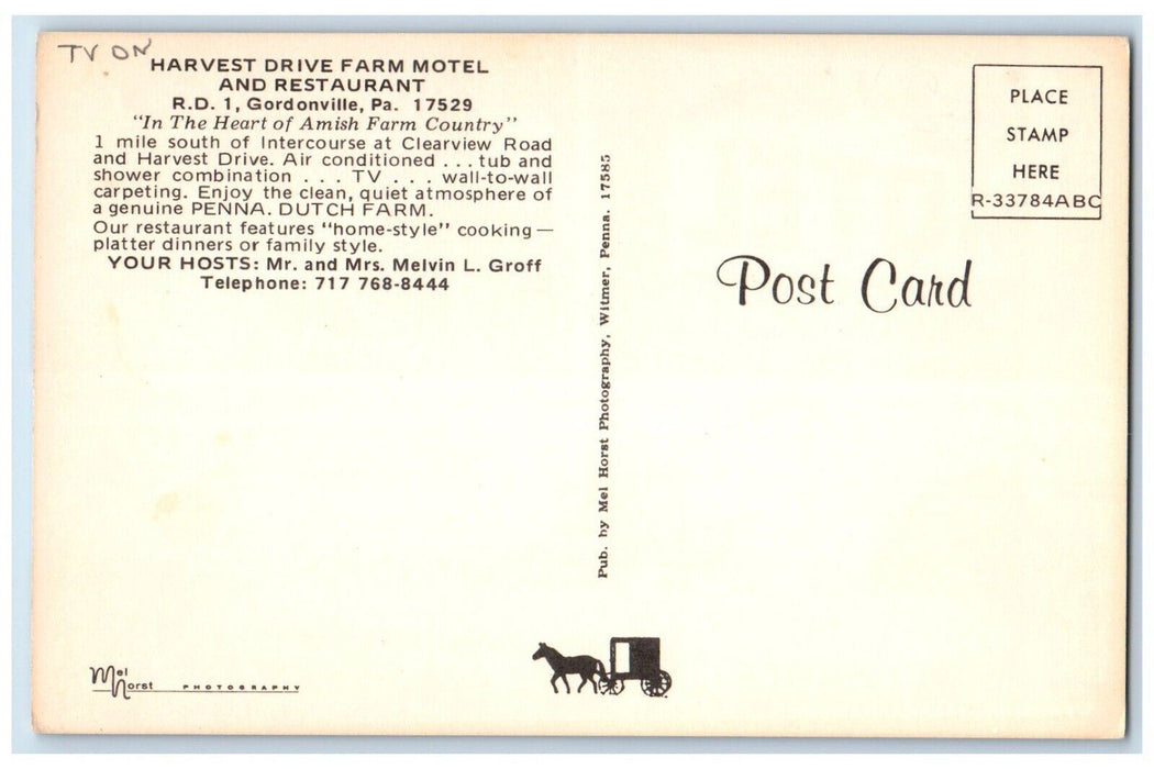 c1960 Harvest Drive Farm Motel Restaurant Gordonville Pennsylvania PA Postcard