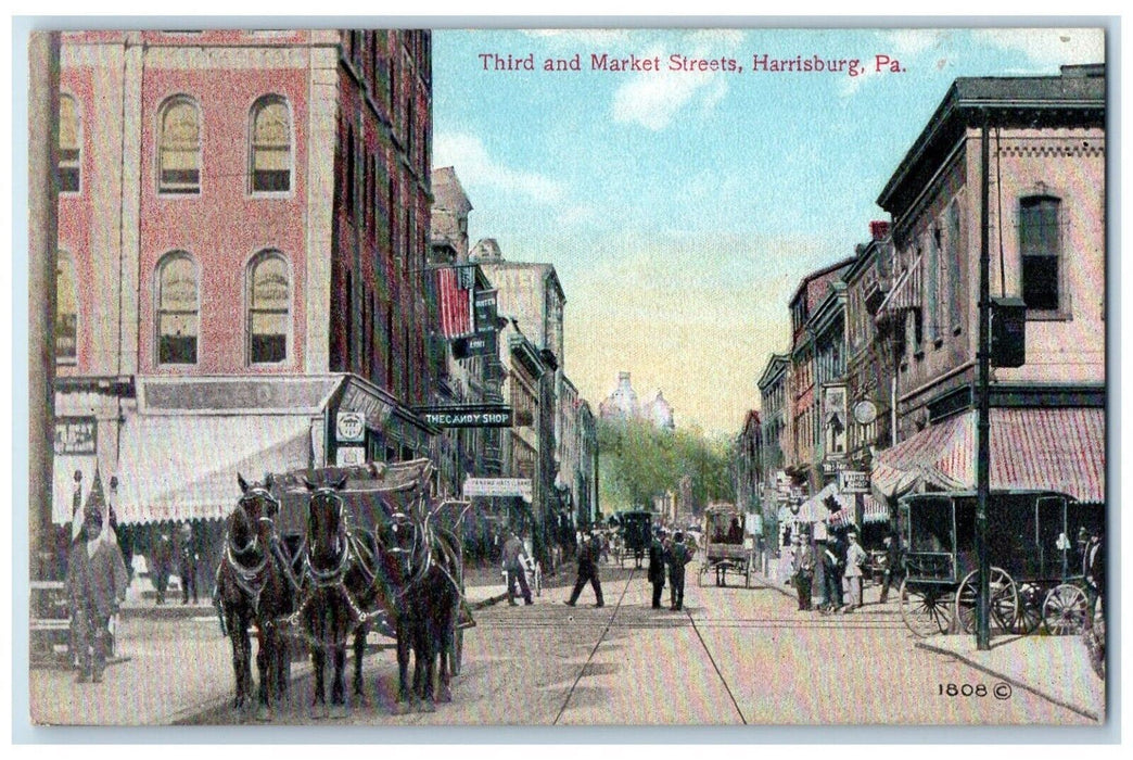 c1910 Third Market Streets Horse Carriage Road Harrisburg Pennsylvania Postcard