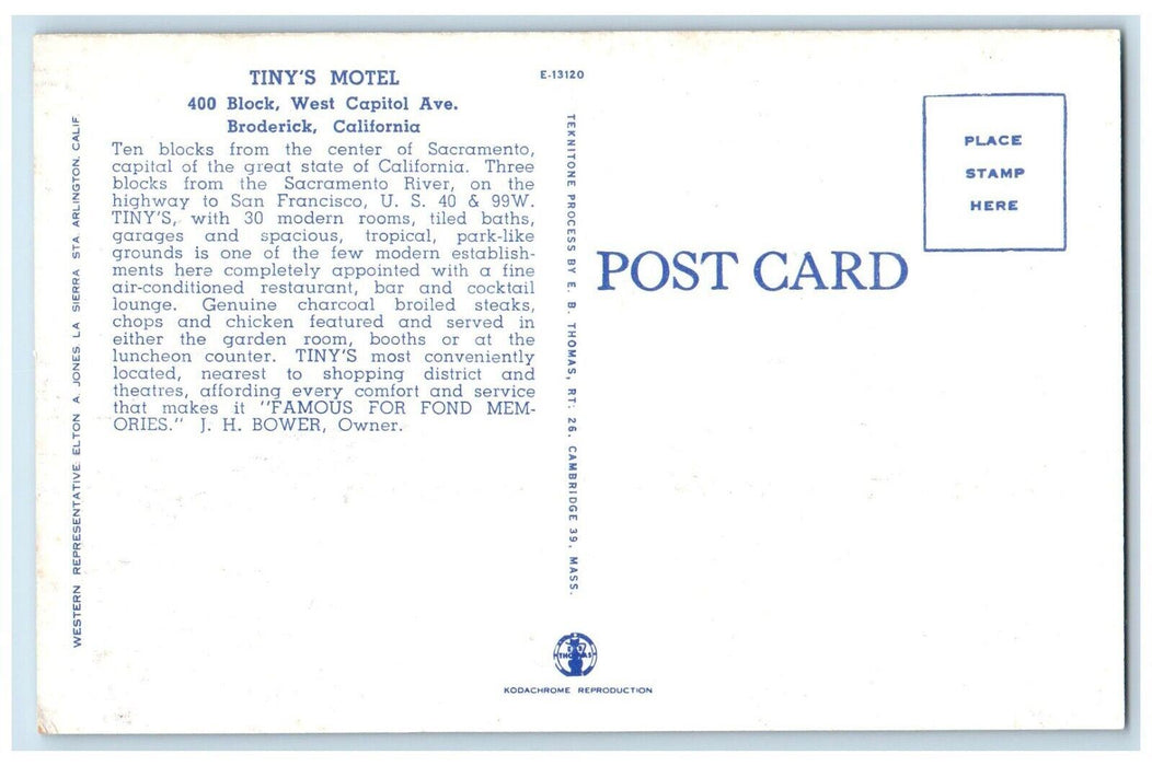 c1960 Secluded Section Tiny Motel Block  Capitol Broderick California Postcard