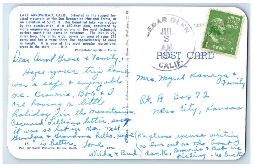 c1960 Lake Arrowhead San Bernardino National Forest Sailboat California Postcard
