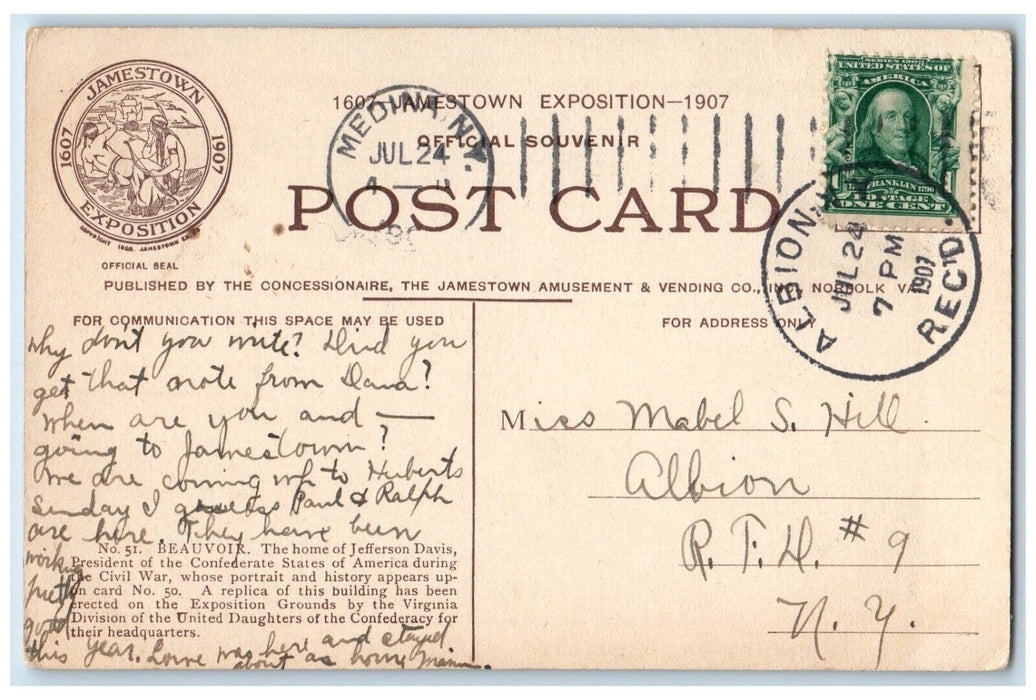 1907 Beauvoir Jamestown Exposition Norfolk Virginia VA Posted Antique Postcard