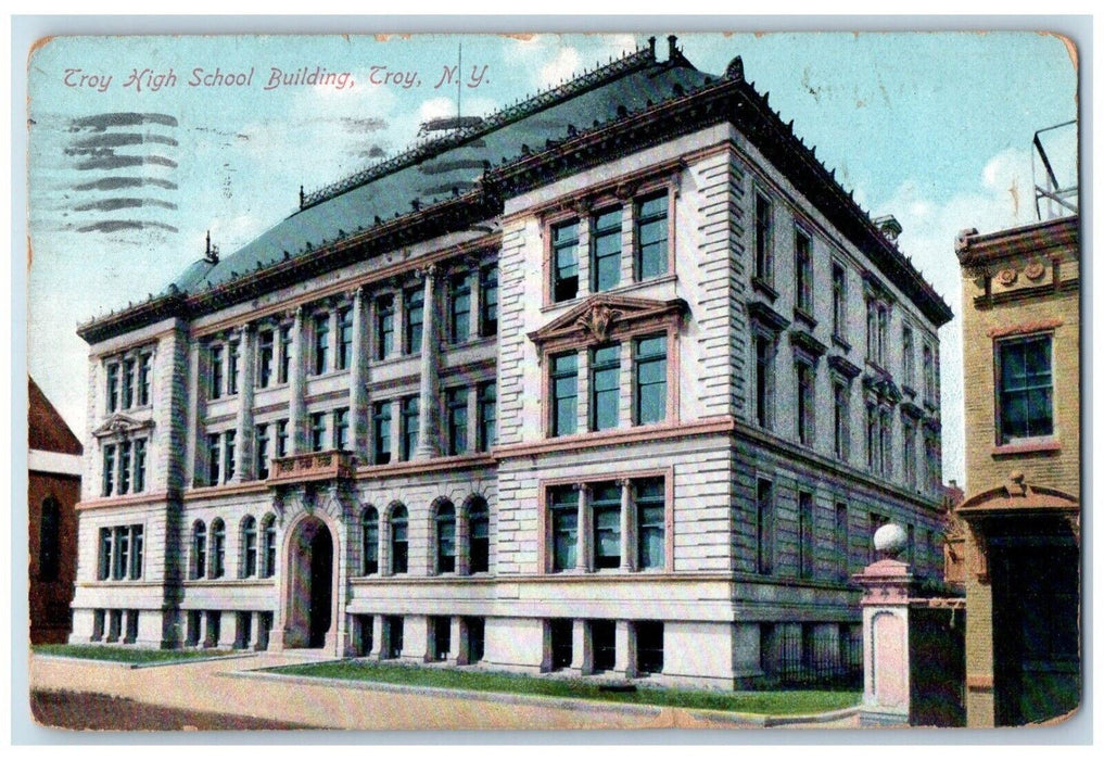 1909 Troy High School Building Scene Street Troy New York NY Antique Postcard