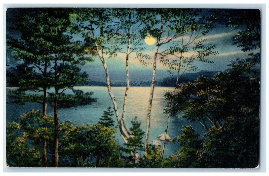 Greetings From Moody Beach Maine ME, Moonlight Sea View Vintage Postcard