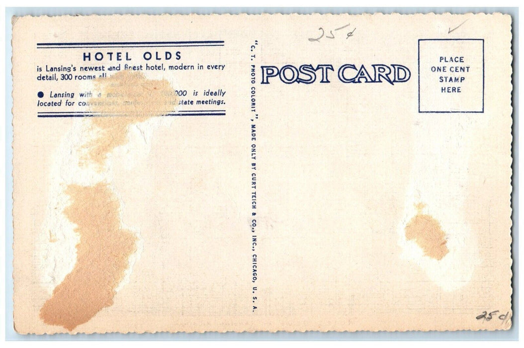 c1930's Hotel Olds Building Lansing Michigan MI Unposted Vintage Postcard