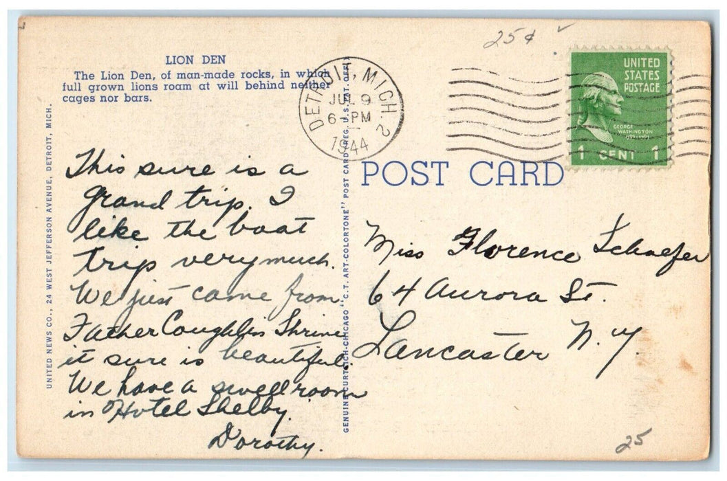 1944 The Lion Den In Zoological Park Detroit Michigan MI Posted Vintage Postcard