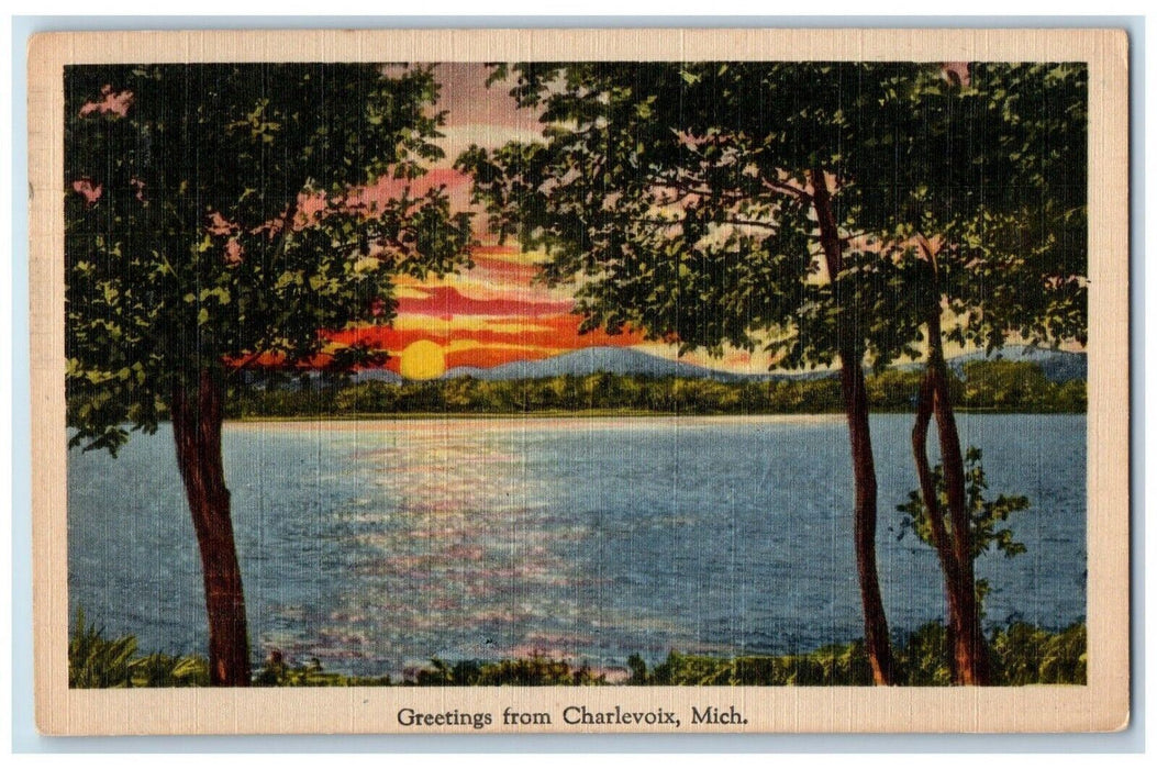 1945 Greetings From Charlevoix Michigan MI, Sunset Sea View Vintage Postcard