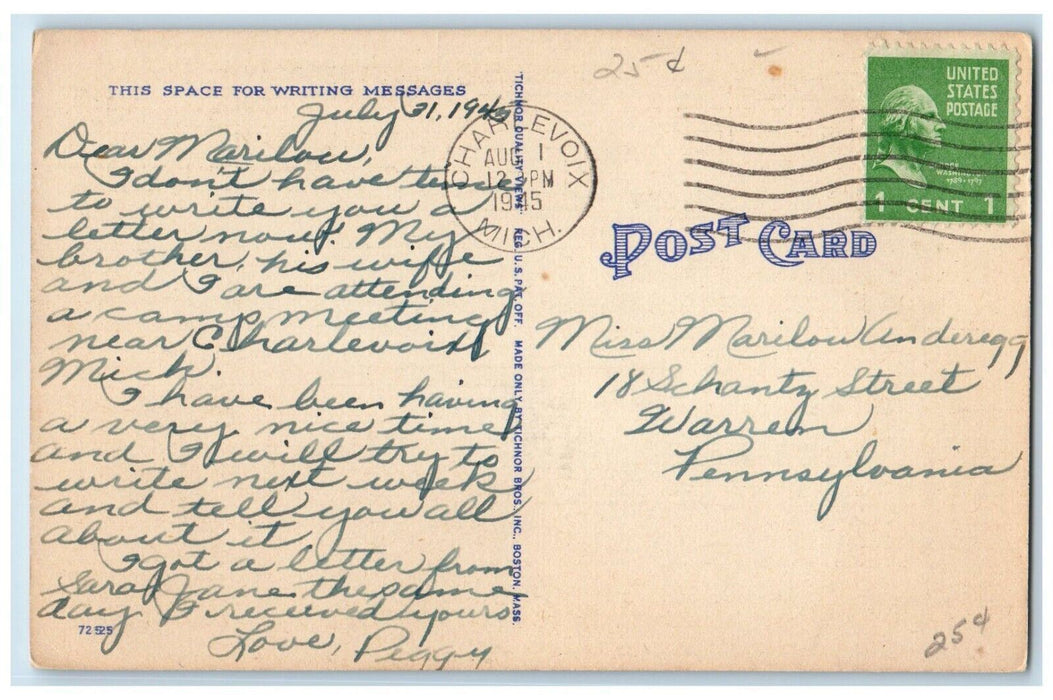 1945 Greetings From Charlevoix Michigan MI, Sunset Sea View Vintage Postcard