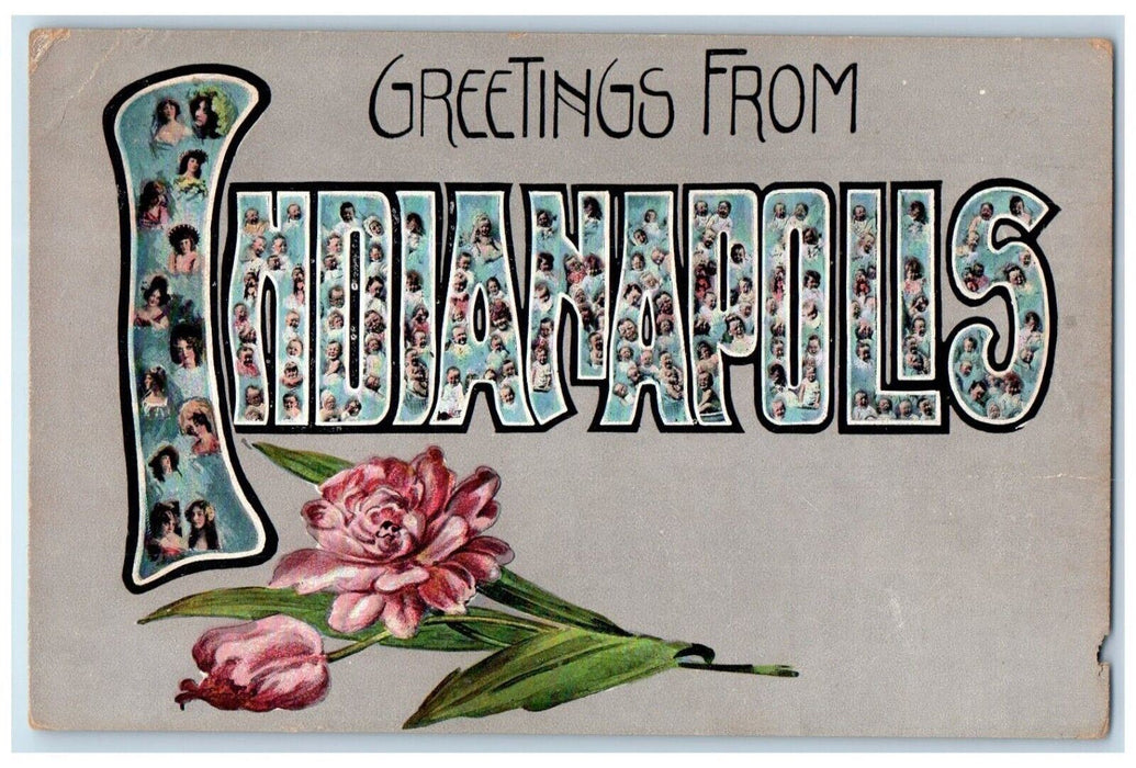 1917 Greetings From Indianapolis Indiana Large Letters Flowers Vintage Postcard