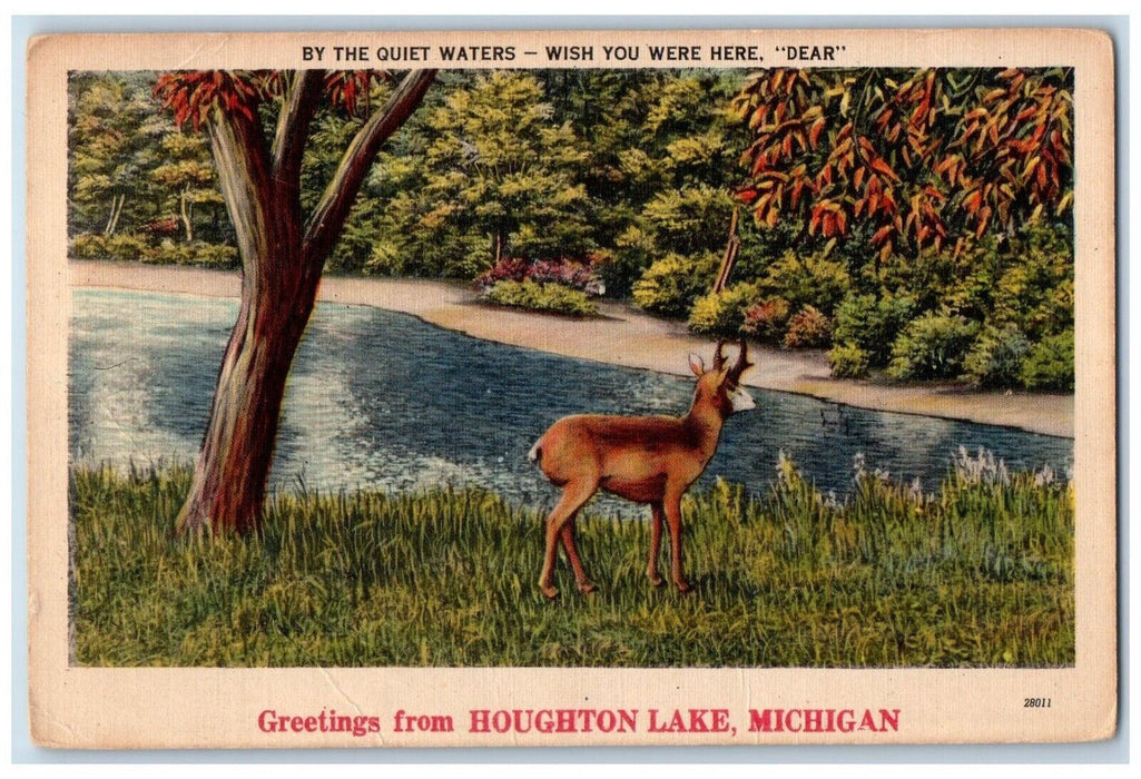 1948 Greetings From Houghton Lake Michigan MI, Deer Lake View Vintage Postcard