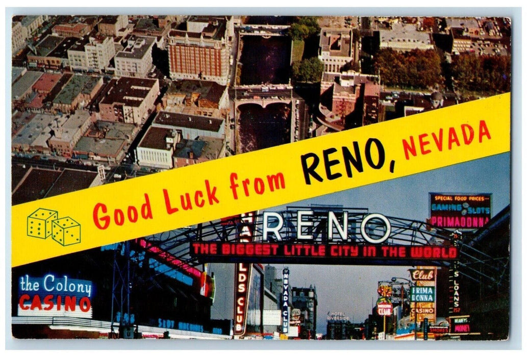 Goodluck From Reno Nevada NV, Aerial View Of Reno And The Colony Casino Postcard