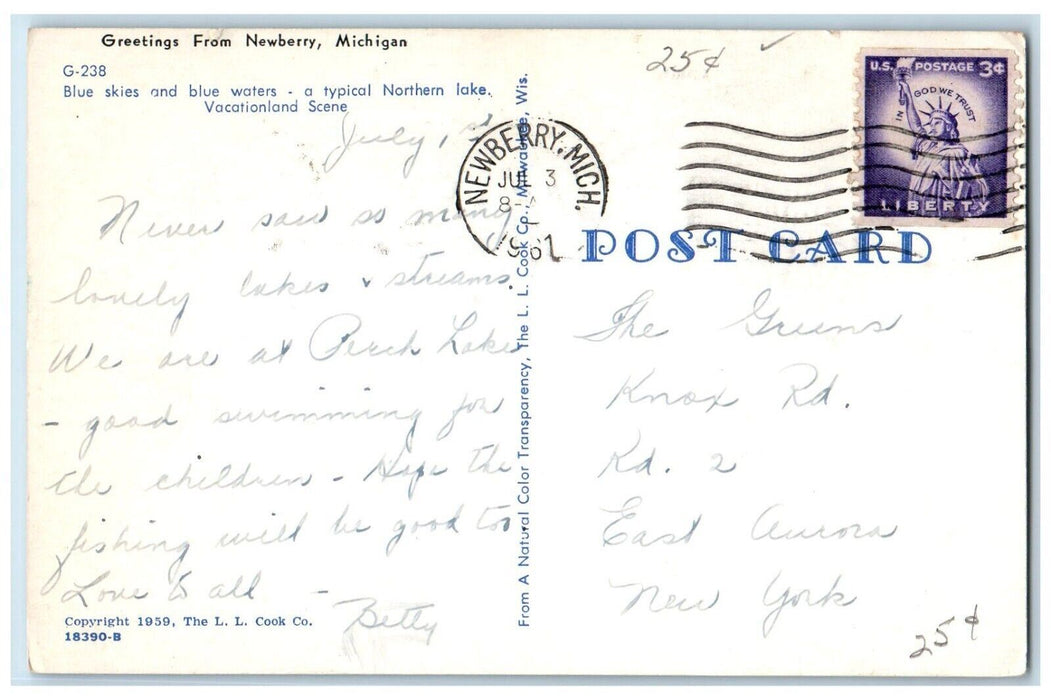 1961 Greetings From Newberry Michigan MI, Blue Skies And Blue Waters Postcard
