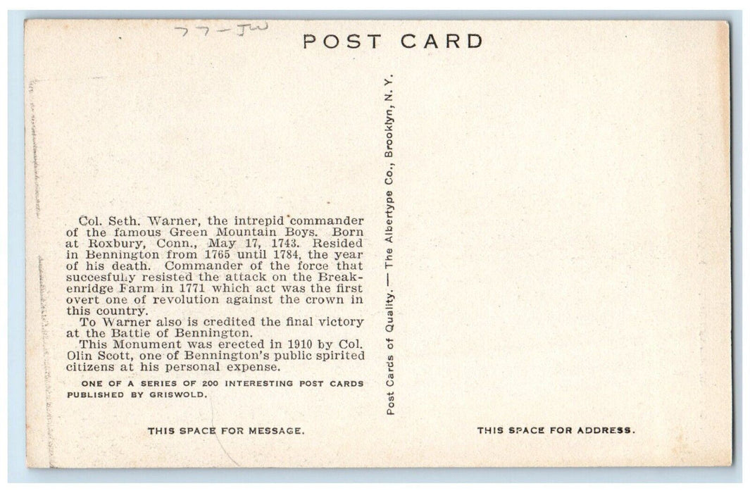 1940 Col. Warner Monument Commander Roxbury Historic Bennington Vermont Postcard