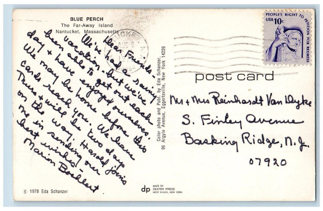 1954 Blue Perch Far-Away Island Sailboat Boat Nantucket Massachusetts Postcard