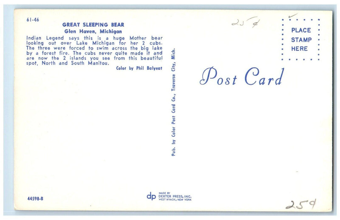 c1960's Great Sleeping Bear Glen Haven Michigan MI Unposted Vintage Postcard