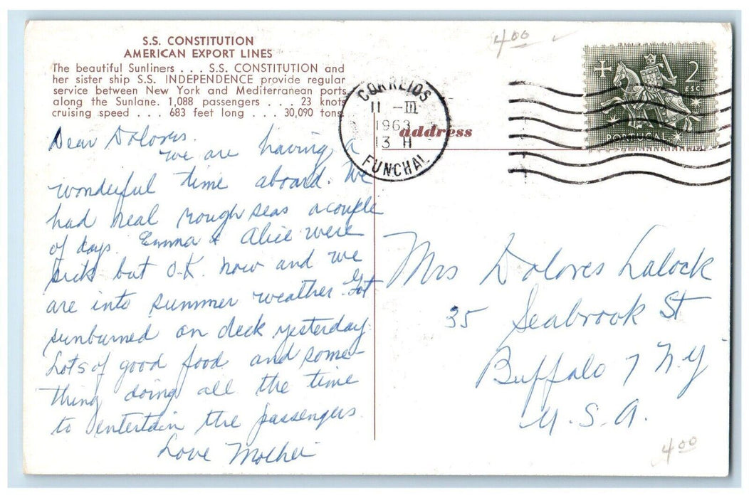 S. S. Constitution American Export Lines New York & Mediterranean Ports Postcard