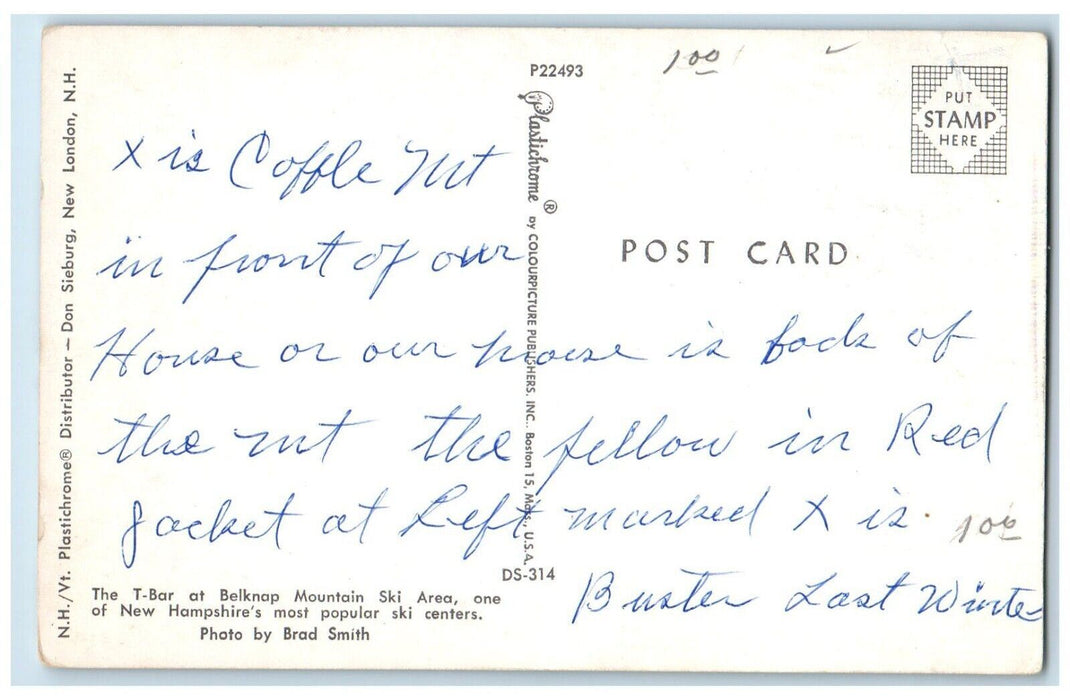 c1950's The T-Bar At Belknap Mountain Ski Area New Hampshire NH Vintage Postcard